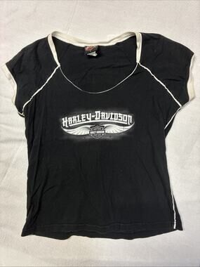 Vintage Harley Davidson Shirt Women L Black Short Sleeve Michigan City Indiana